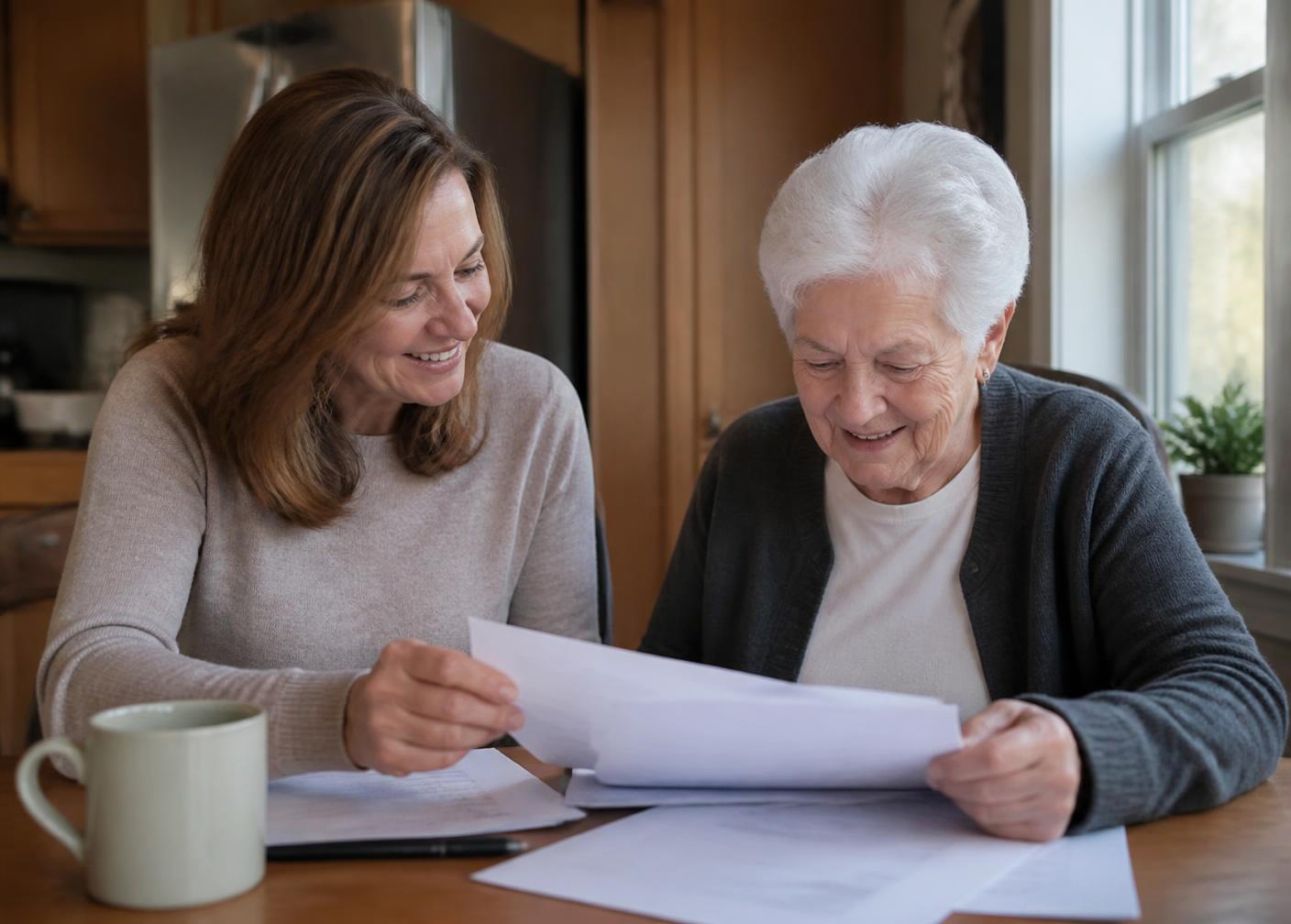 An adult daughter reviewing reverse mortgage paperwork with her mother at the kitchen table