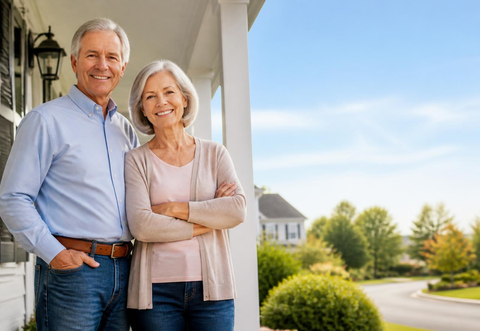 A retired couple standing on the front porch of their home